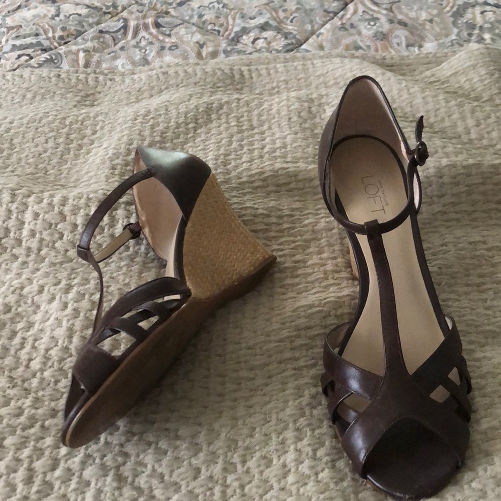 Brown Loft shoes with a rattan heel.
